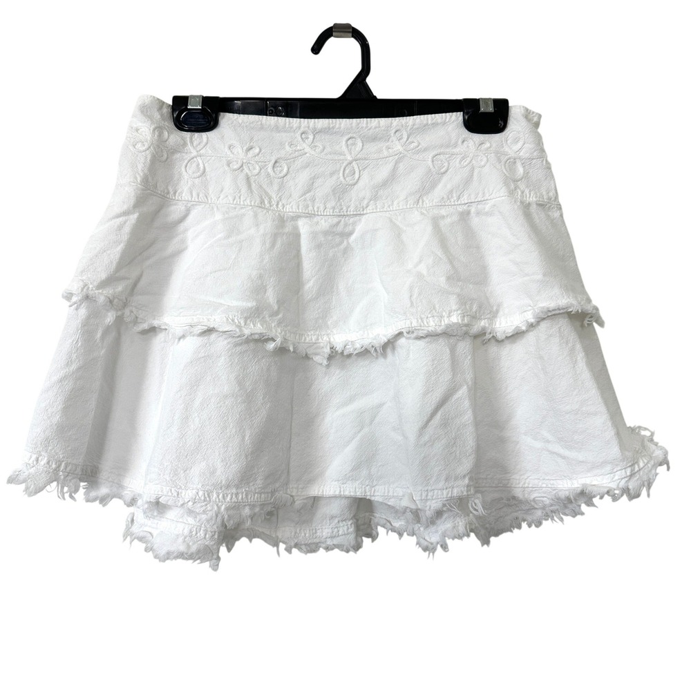 VTG White Tiered Mini Skirt Boho Coquette Floral Embroidered Frayed Hem XL